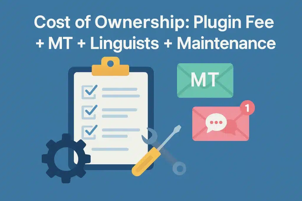 Cost of Ownership: Plugin Fee + MT + Linguists + Maintenance